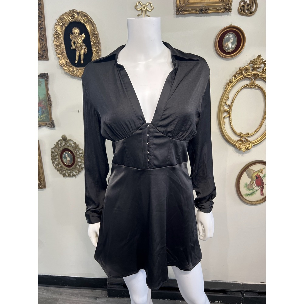 Urban Outfitters Black Satin Long Sleeve Corset Style Mini Dress Size Medium